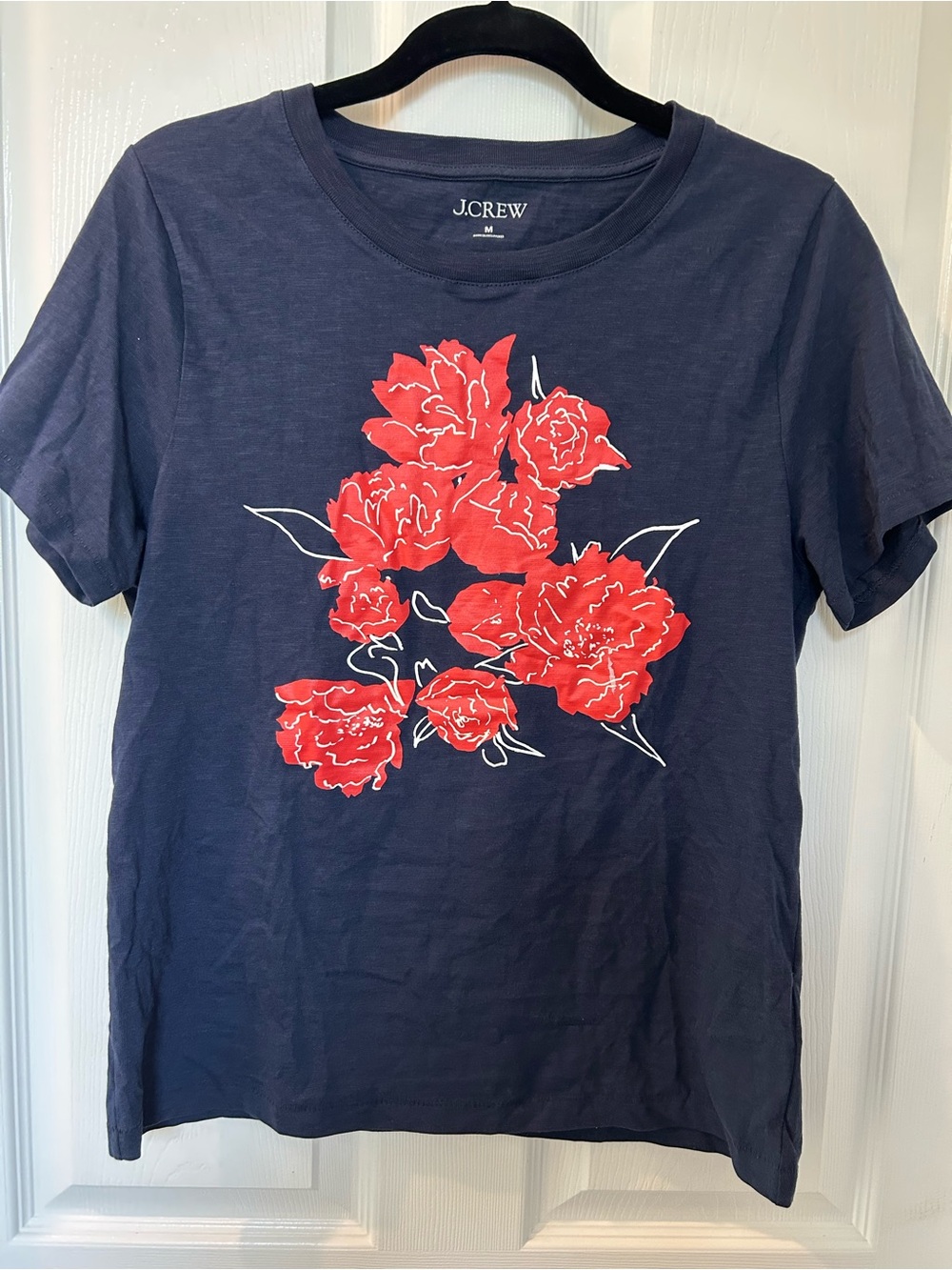J. Crew Navy Short-Sleeve Tee with Red Floral Motif